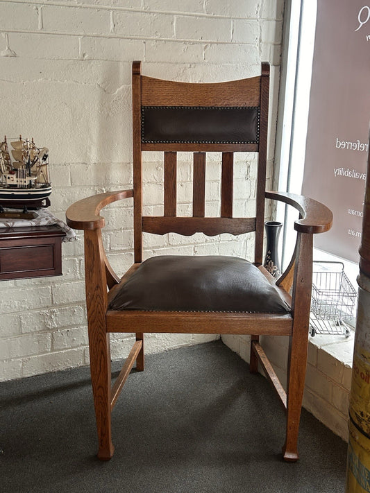 Antique Arts & Crafts Oak Carver Chair Leather Dining Chair c1905