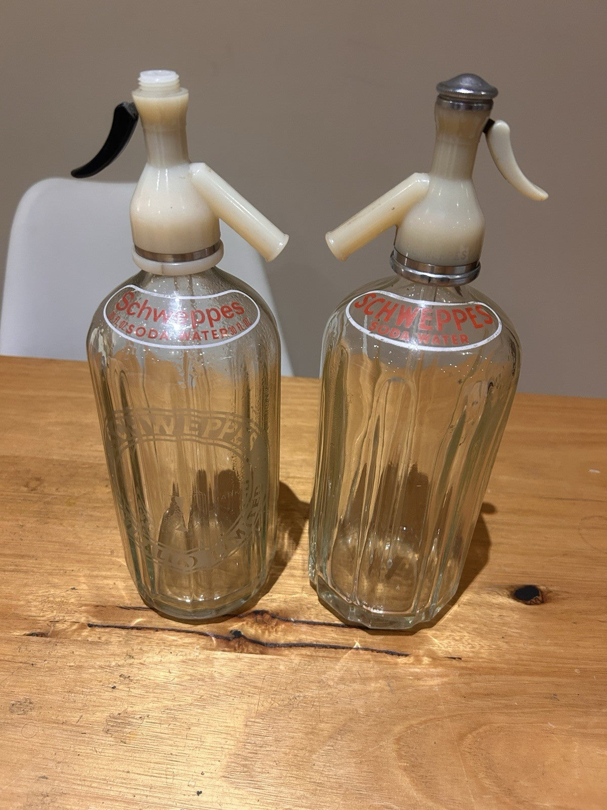 Pair of Schweppes Soda Siphons 1950s Bakelite Tops Cream & Black Levers
