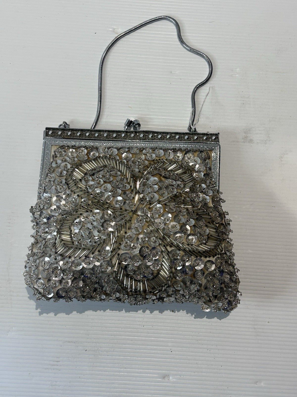 Vintage Beaded Evening Bag Handmade in Hong Kong Silver Sequins Purse