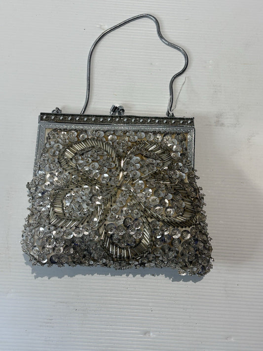 Vintage Beaded Evening Bag Handmade in Hong Kong Silver Sequins Purse