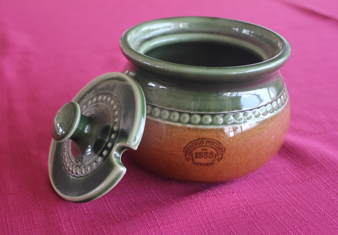 Vintage Bendigo Pottery Lidded Jar – Green & Brown Glaze – Australia