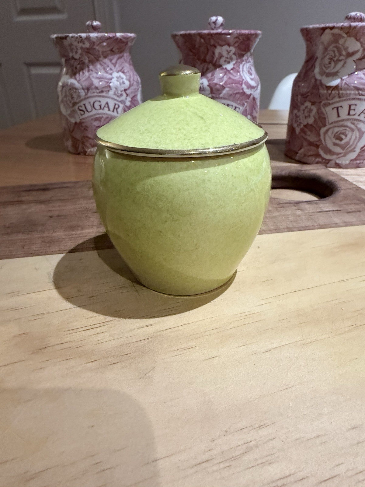 Royal Winton Grimwades Green Sugar Bowl w Lid England Vintage Gold Trim