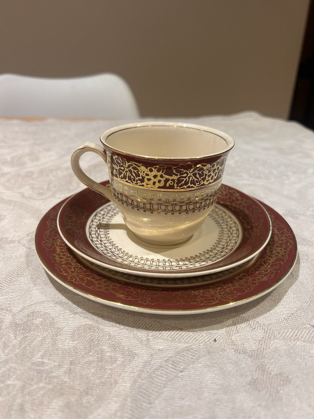 John Maddock & Sons English Cup Saucer Plate Trio Burgundy Gilt Tea Set