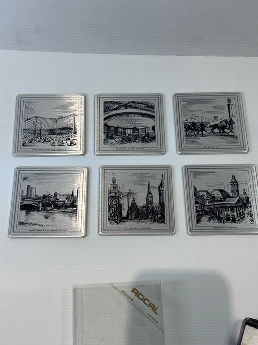 Vintage ADCAL Melbourne Landmarks Coaster Set – 6 Etched Aluminium Drink Coaster