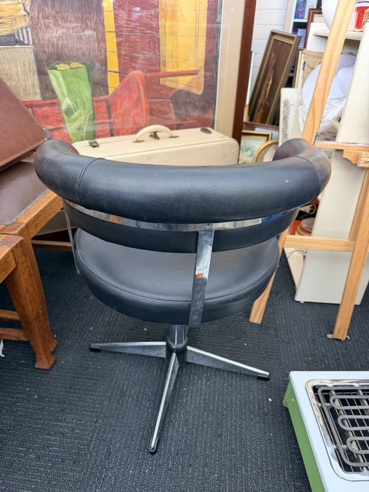 Vintage 1970s Black Swivel Tub Chair Chrome Star Base Retro Mid Century