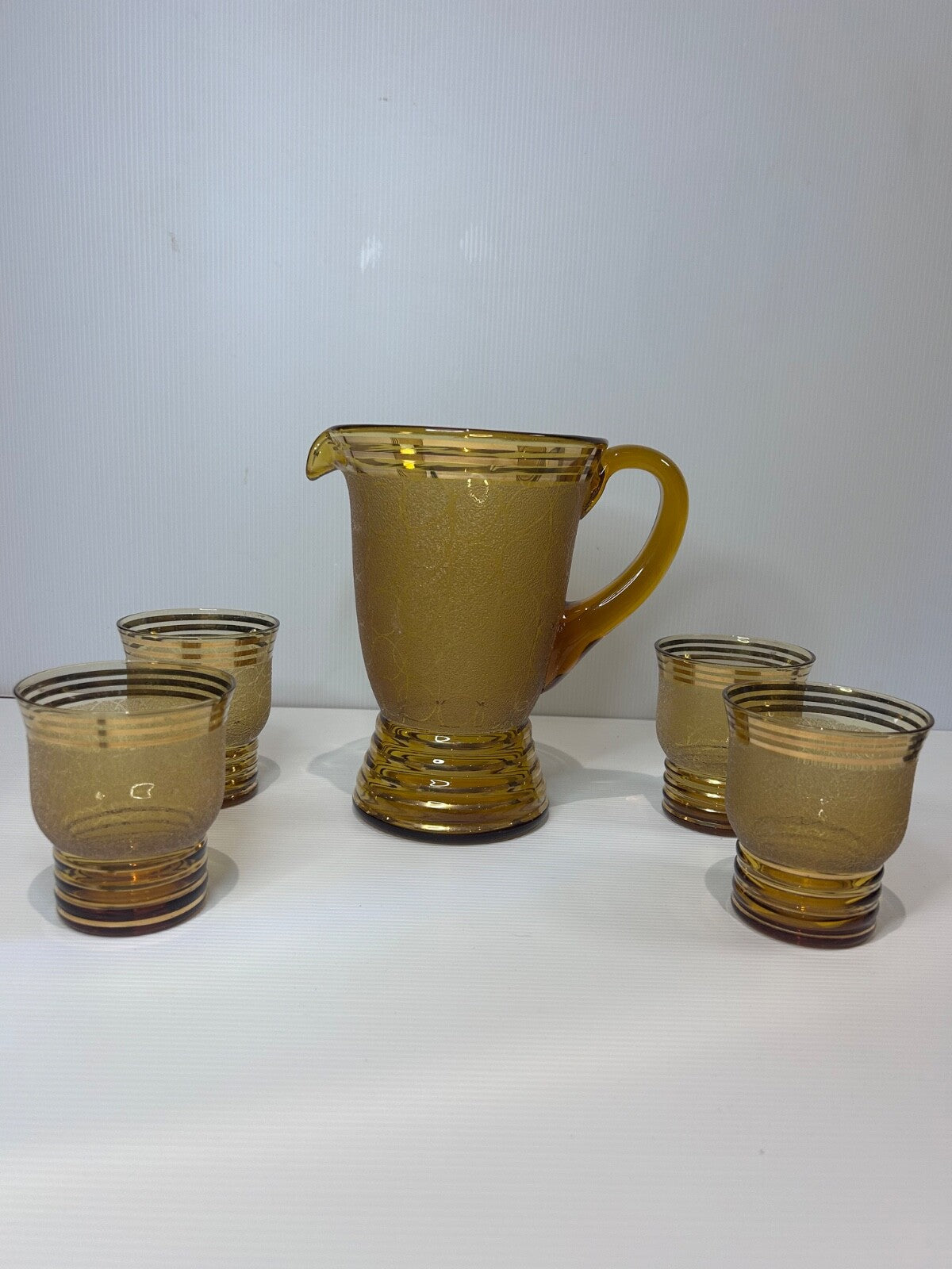 Vintage Amber Glass Lemonade Set – Textured Gold Bands – Jug & 5 Tumblers Retro