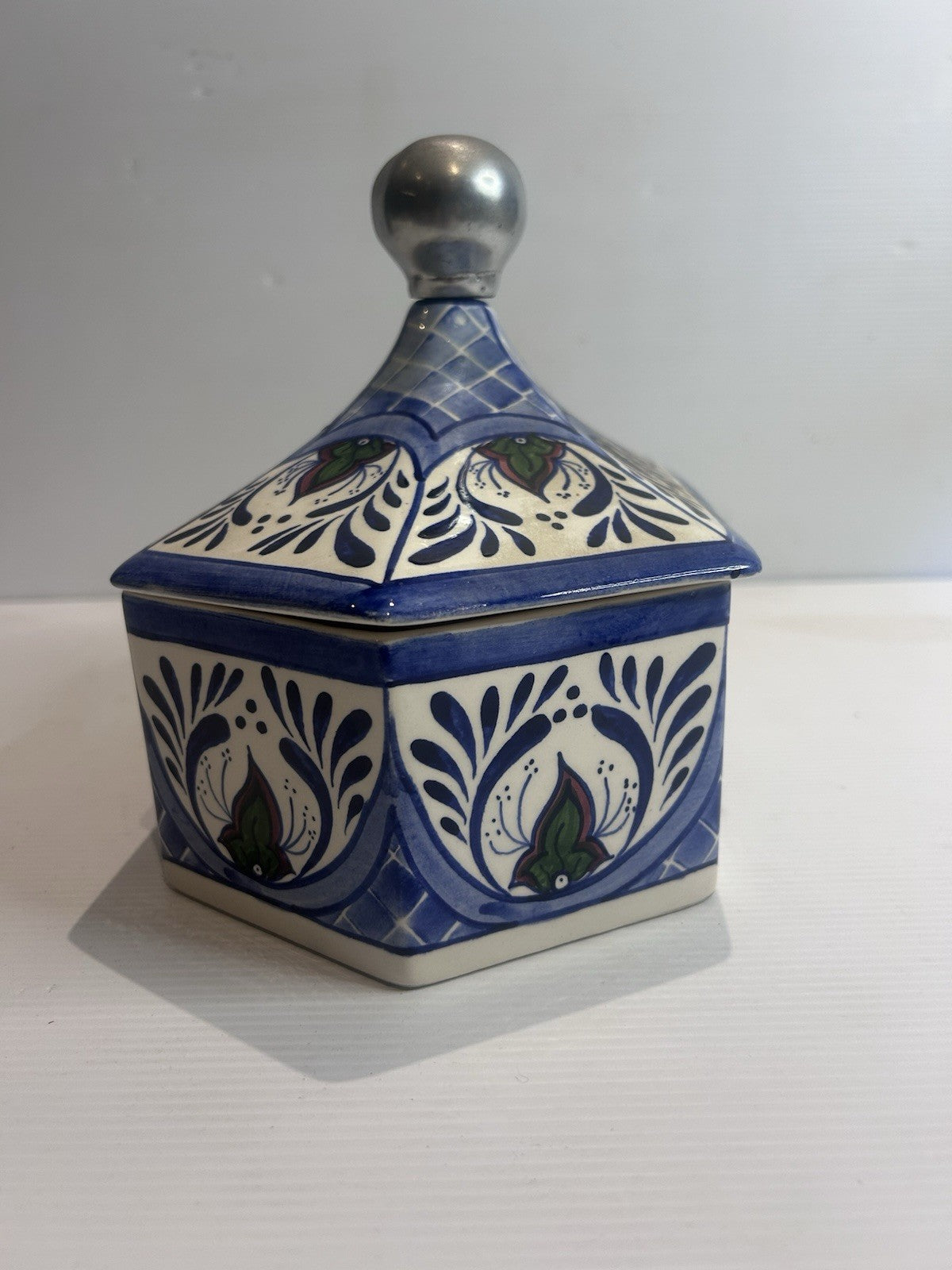 Mexican Talavera Hexagonal Lidded Pot BMT Regalos Blue Folk Art CT-08