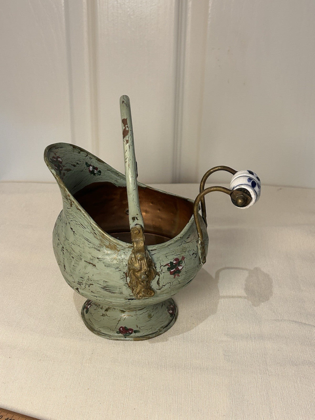 Vintage Hand-Painted Toleware Teapot & Coal Scuttle Set – Green Floral Metal