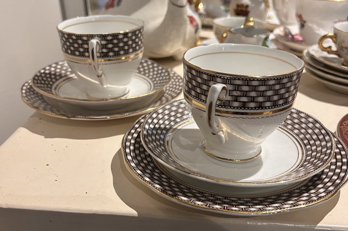John Maddock & Sons English Cup Saucer Plate Trio Burgundy Gilt Tea Set