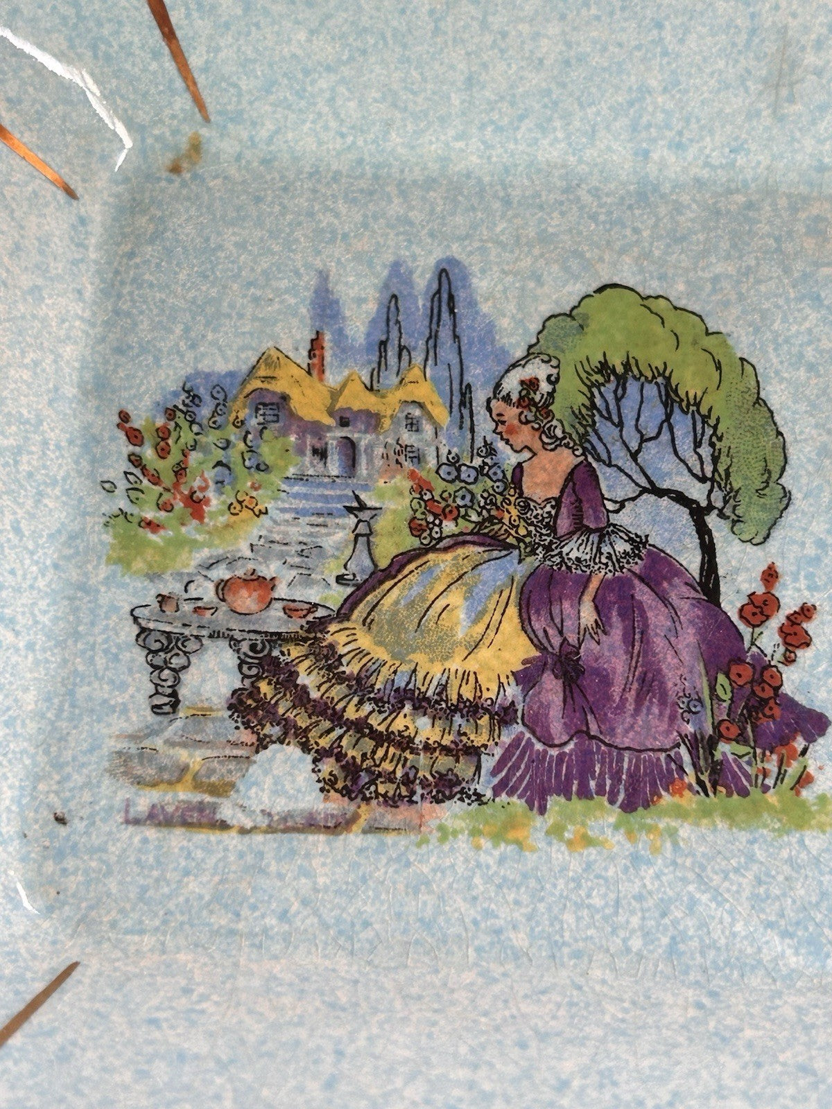 H. Aynsley & Co England Blue Crinoline Lady Dish Vintage Square Bowl 17cm