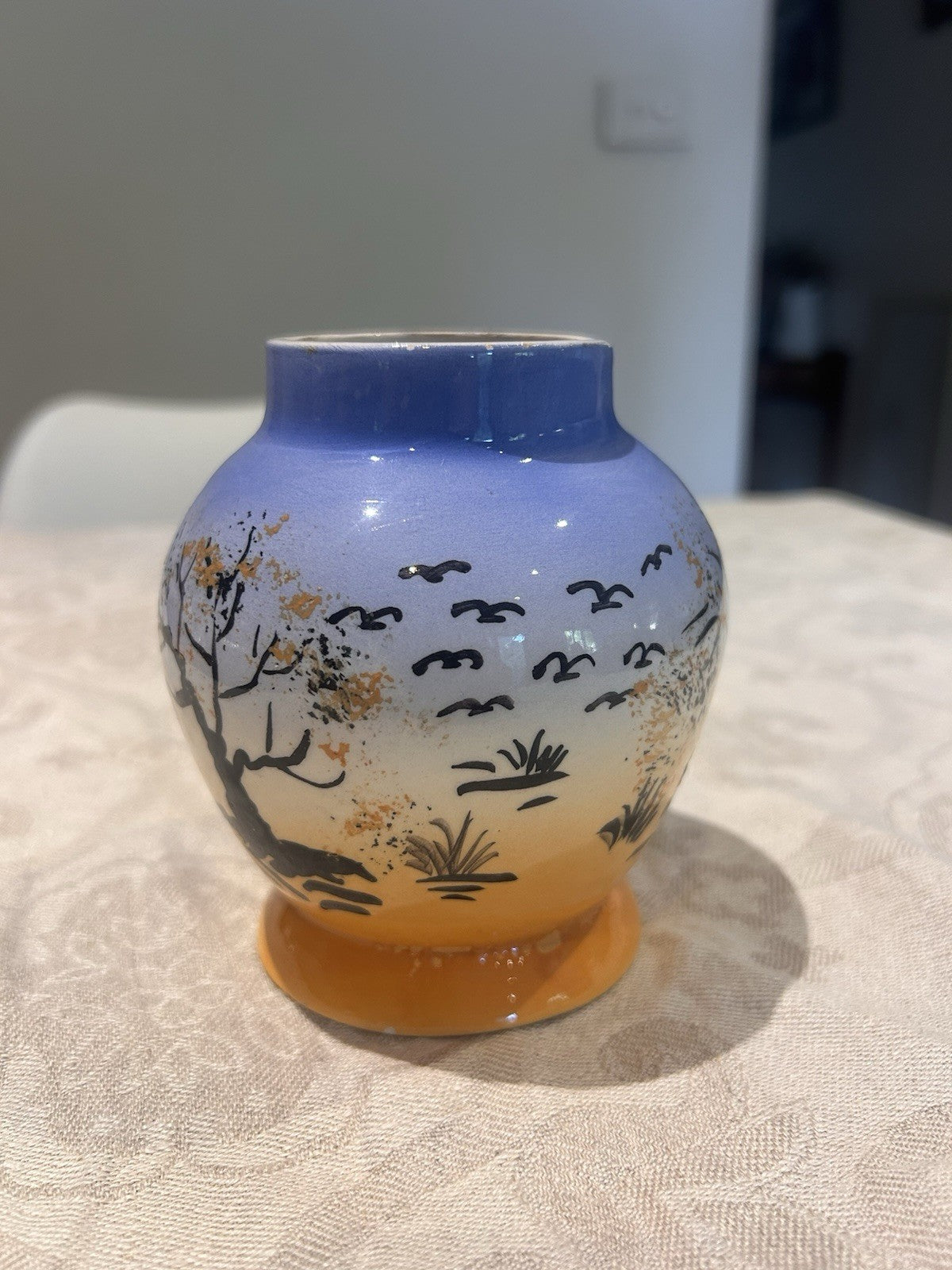 Vintage Hand Painted Scenic Vase Birds Tree Blue Orange Glaze c1960s
