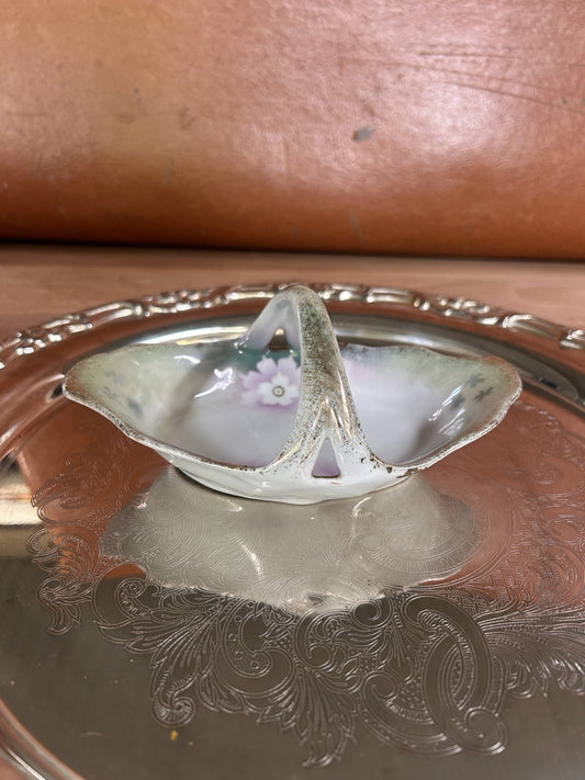 Antique Silesia Handled Dish Hand Painted Floral Gold Trim c.1900s Germany