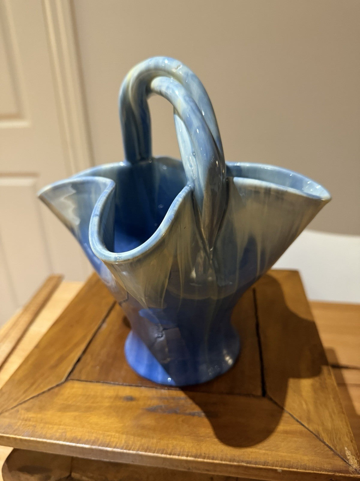 Vintage Remued Australian Pottery Basket Vase Blue Drip Glaze 184-10