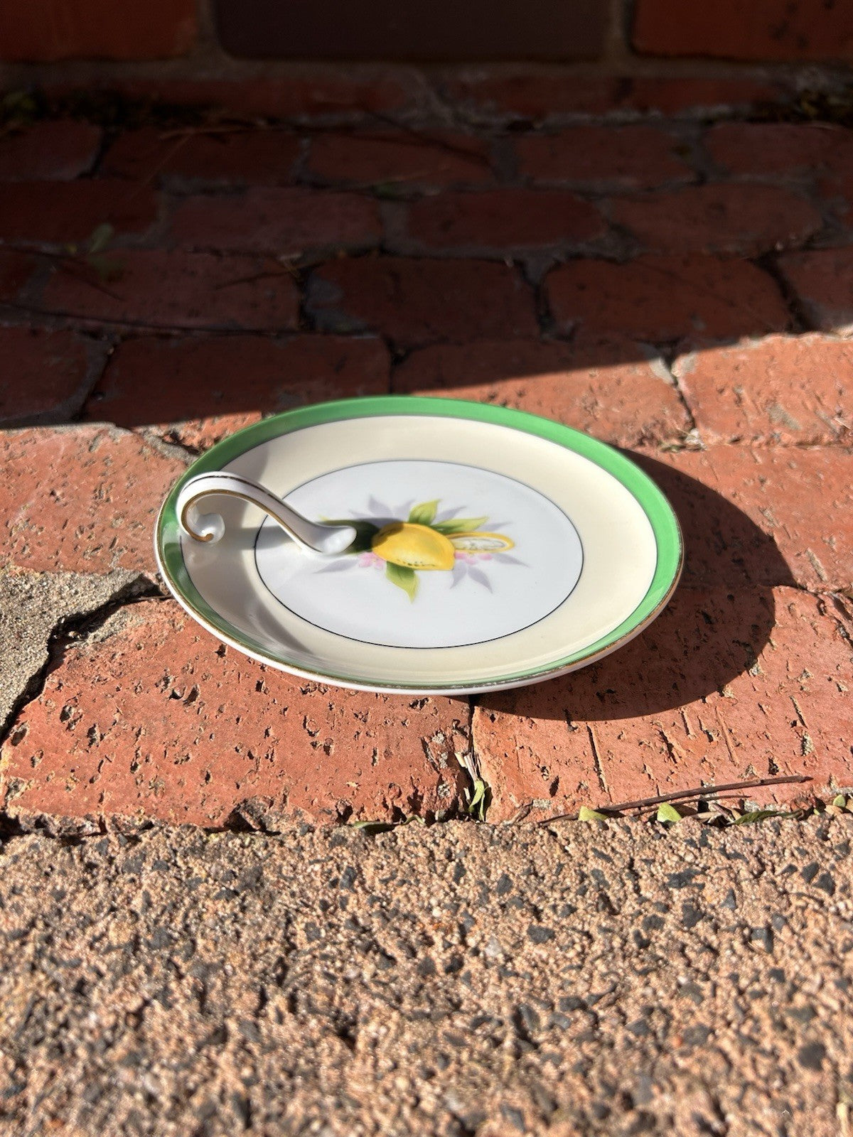 Vintage Noritake Japan Lemon Motif Handled Dish Green Trim Porcelain