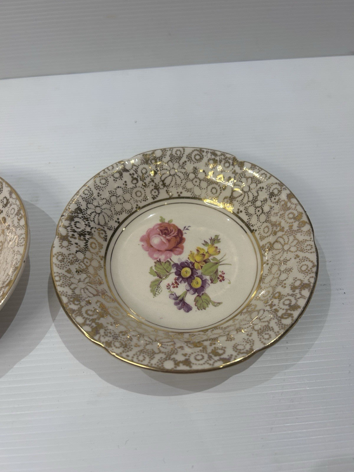 H&K Tunstall Floral Gold Lace Bowls x2 England Vintage Bone China