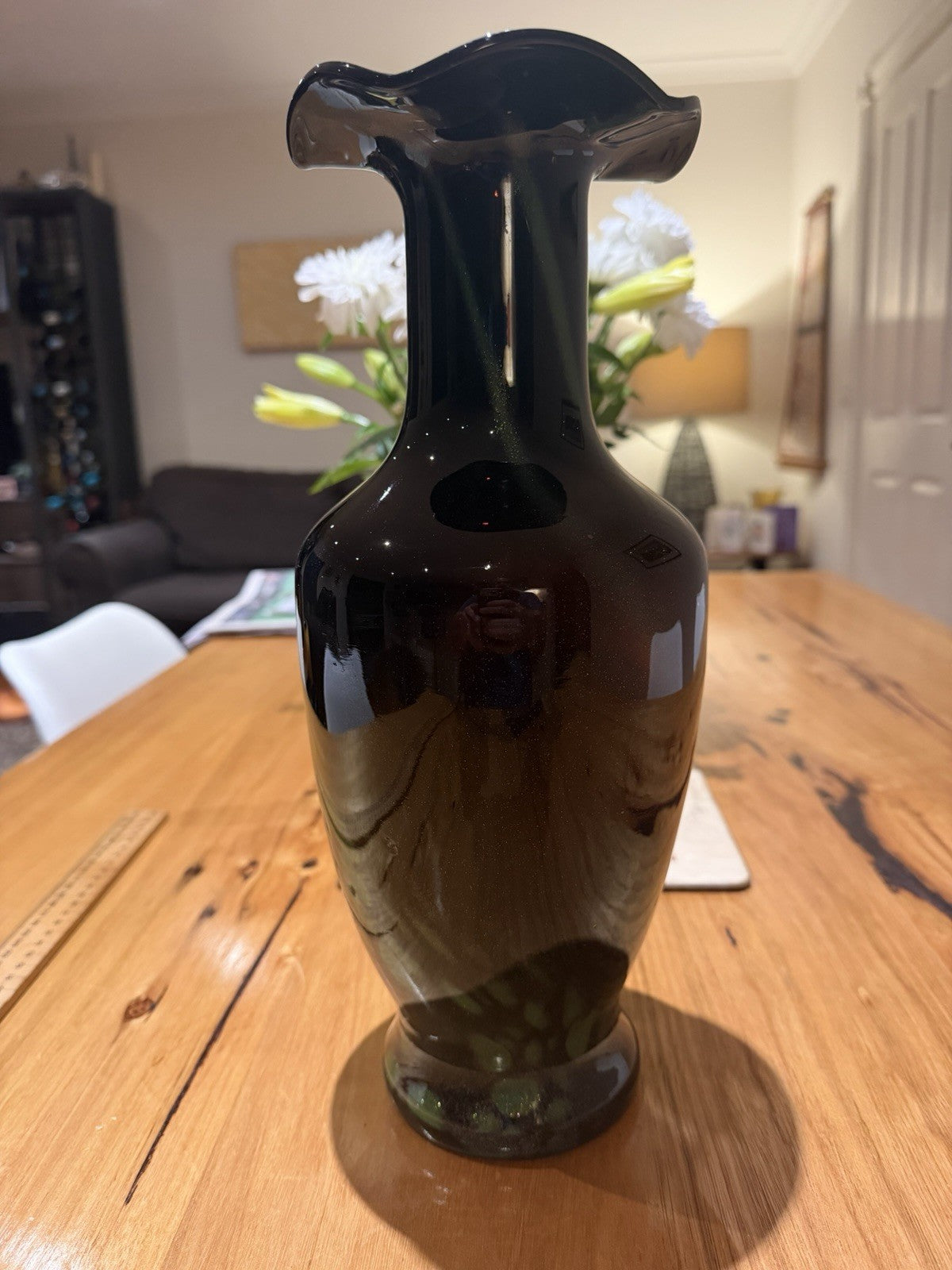 Large Black Green Aventurine Art Glass Vase Ruffled Rim 35cm Murano Style