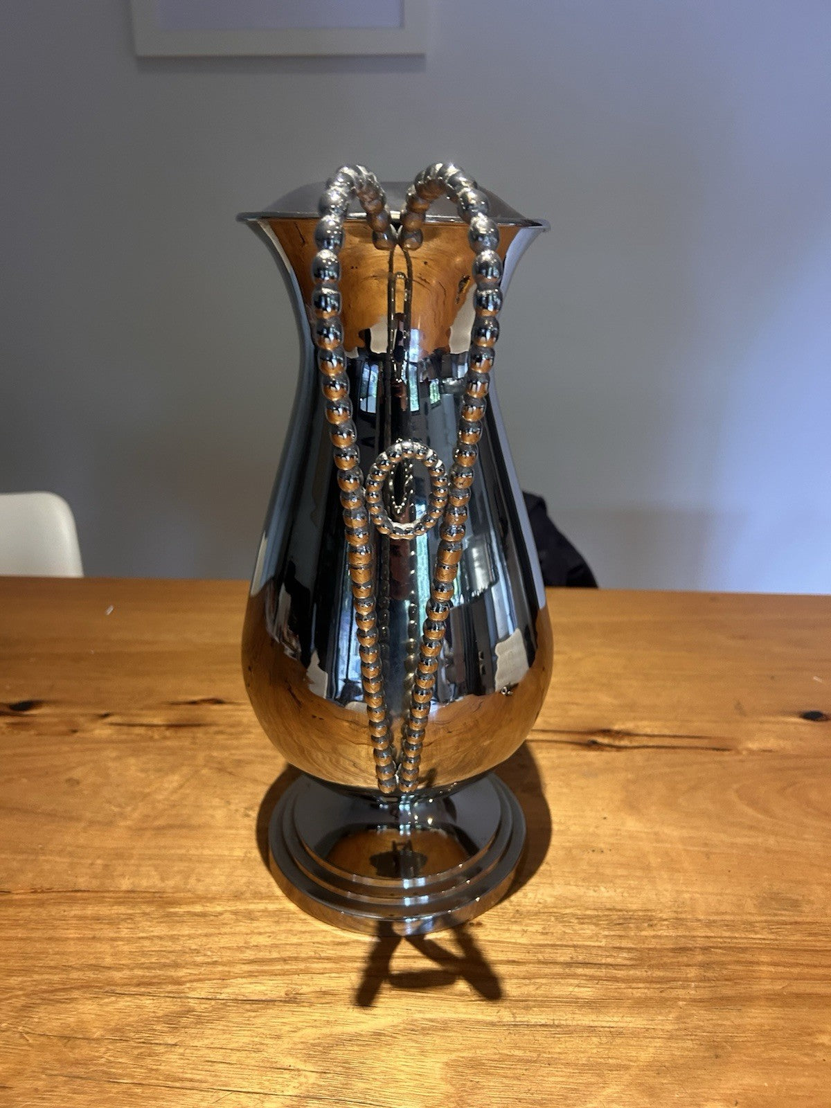 Mid-Century Silver-Plated Jug 38cm Beaded Handle Decorative Pitcher Vase
