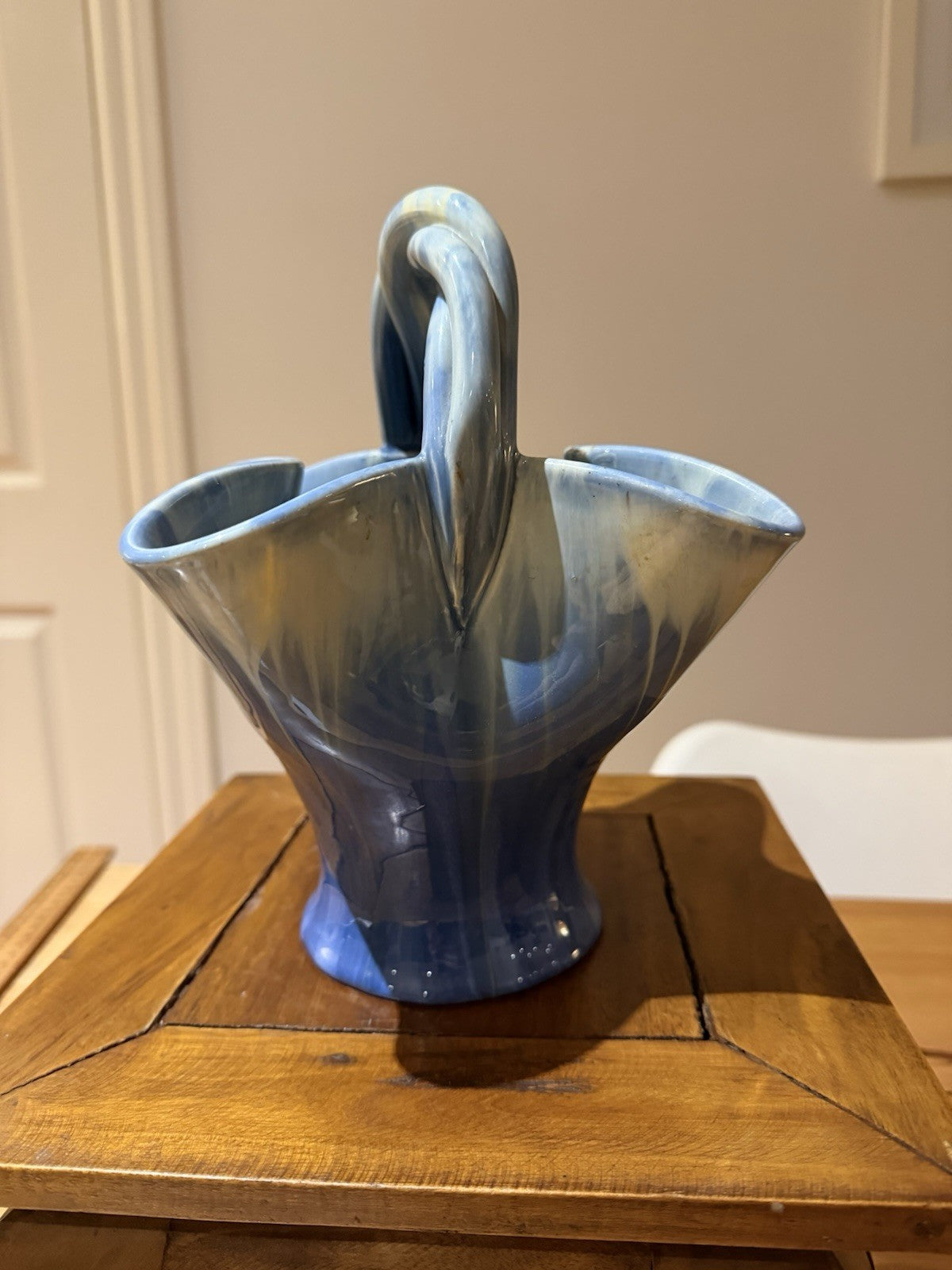 Vintage Remued Australian Pottery Basket Vase Blue Drip Glaze 184-10