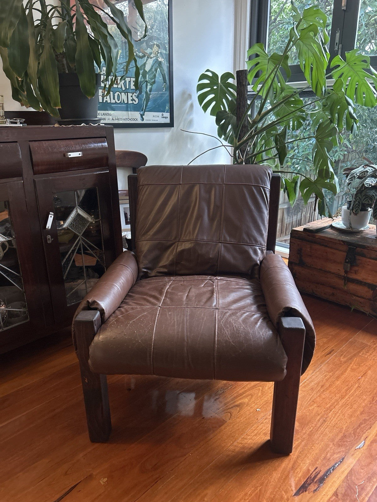Architectural 1970s Solid Timber & Original Leather Armchair