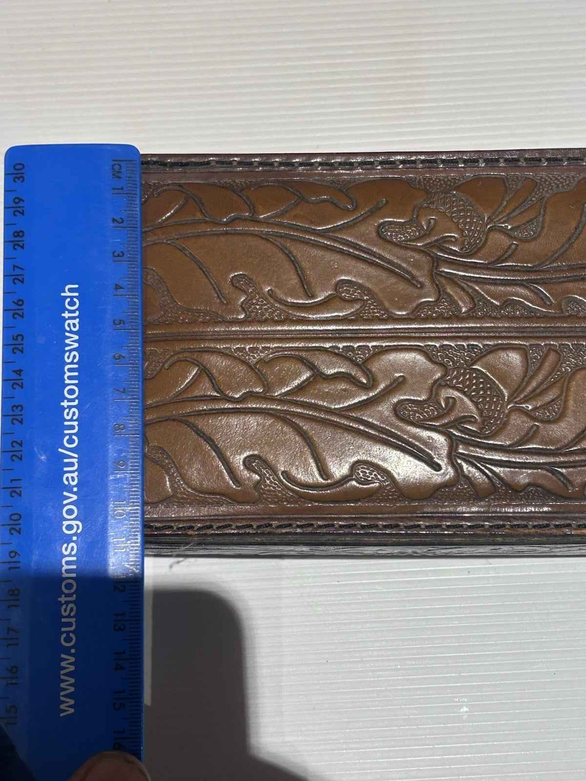 Vintage Handcrafted Leather Box by Konev NZ – Tooled Design, Lined Interior