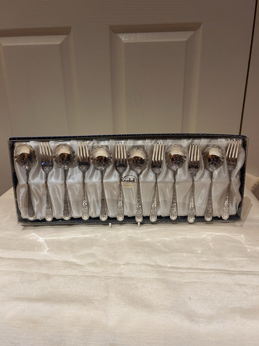 Rodd Silverware Boxed Dessert Set Forks & Spoons Vintage Floral Pattern