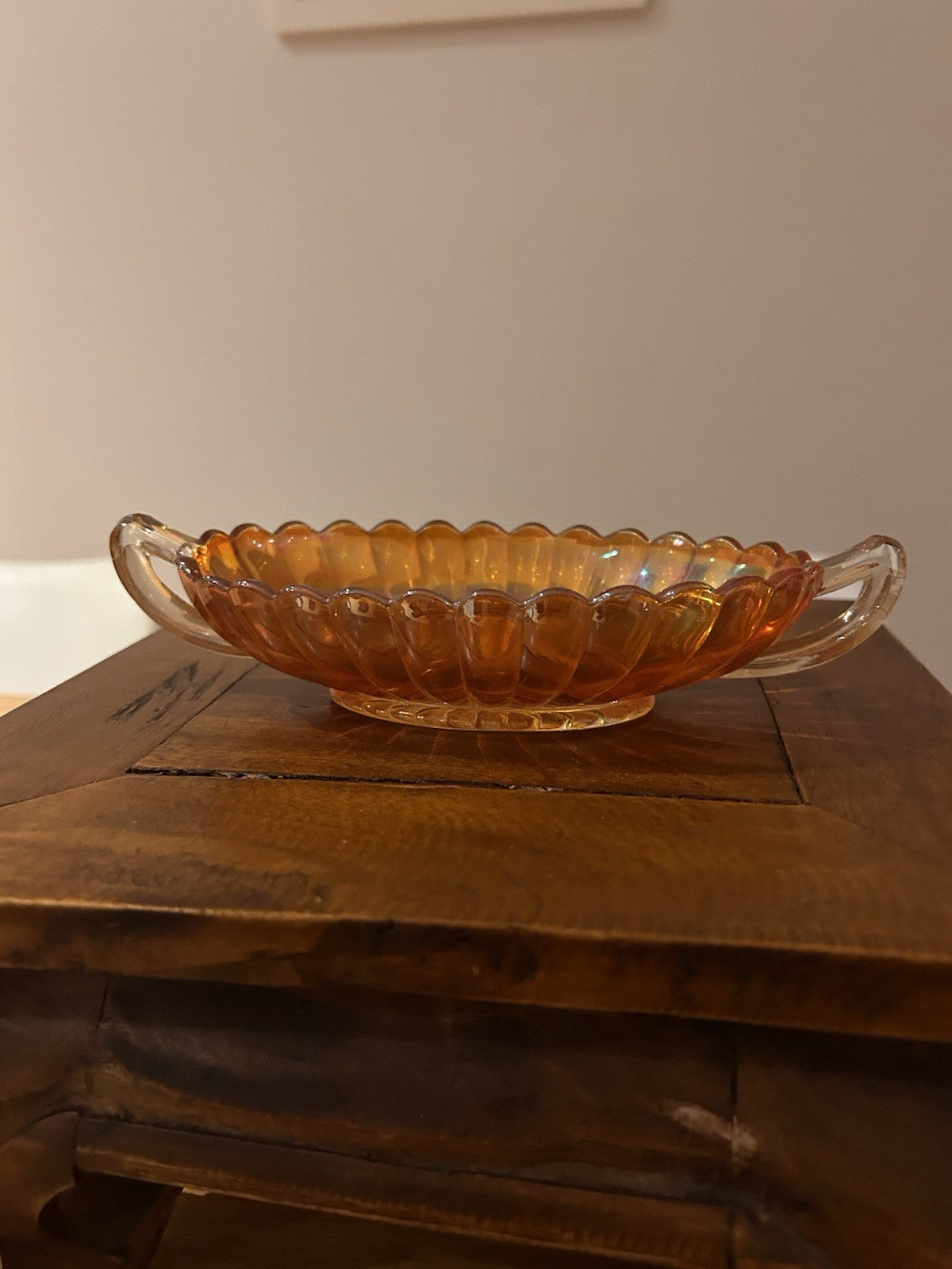 Vintage Amber Carnival Glass Serving Dish Handles Scalloped Bowl 30cm
