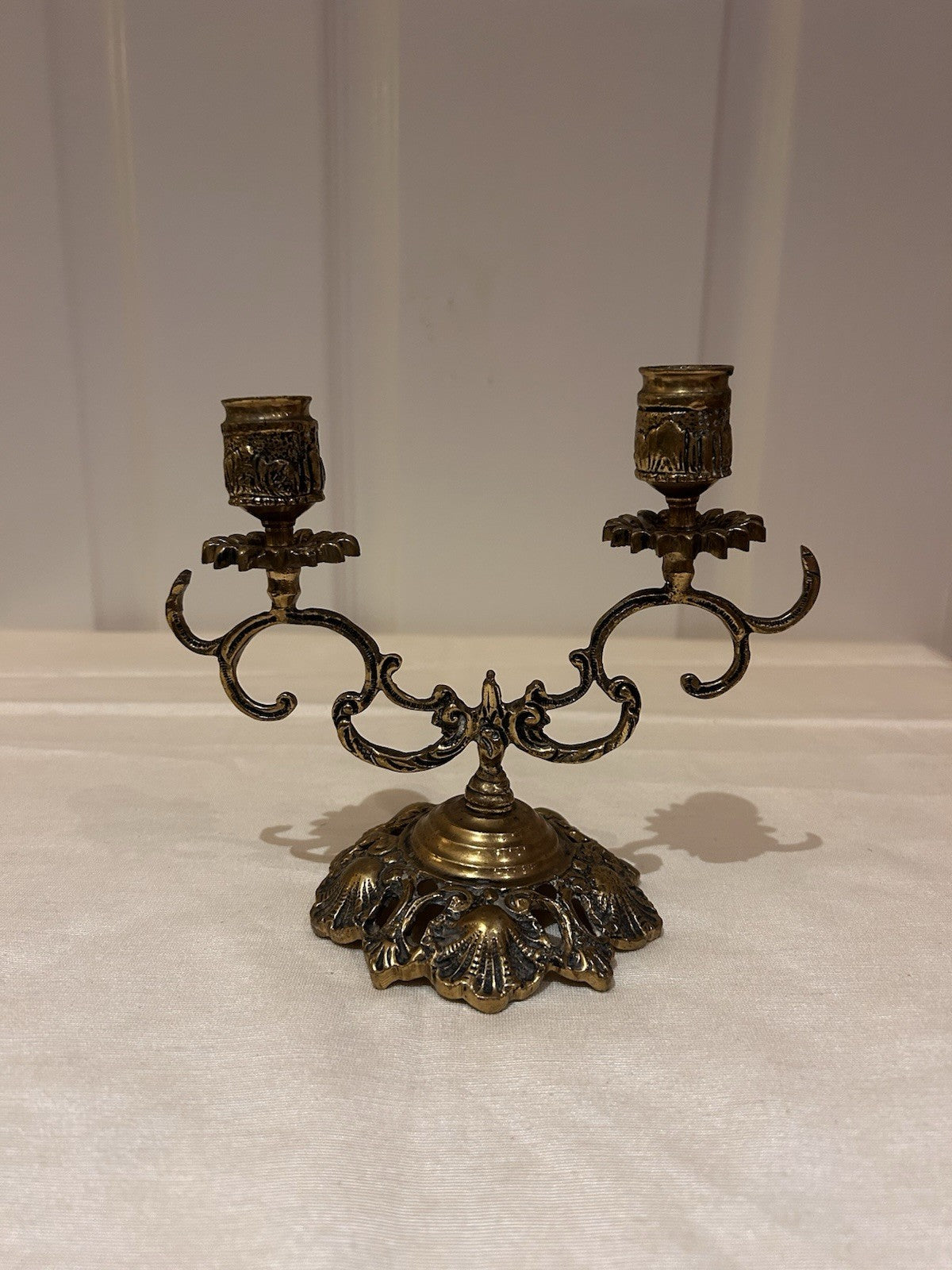 Vintage Brass Two-Arm Candelabra Ornate Rococo Style Table Candle Holder
