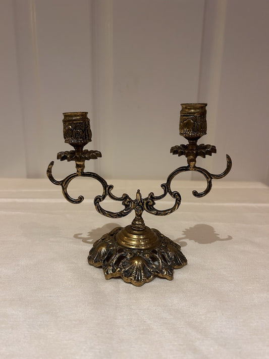 Vintage Brass Two-Arm Candelabra Ornate Rococo Style Table Candle Holder