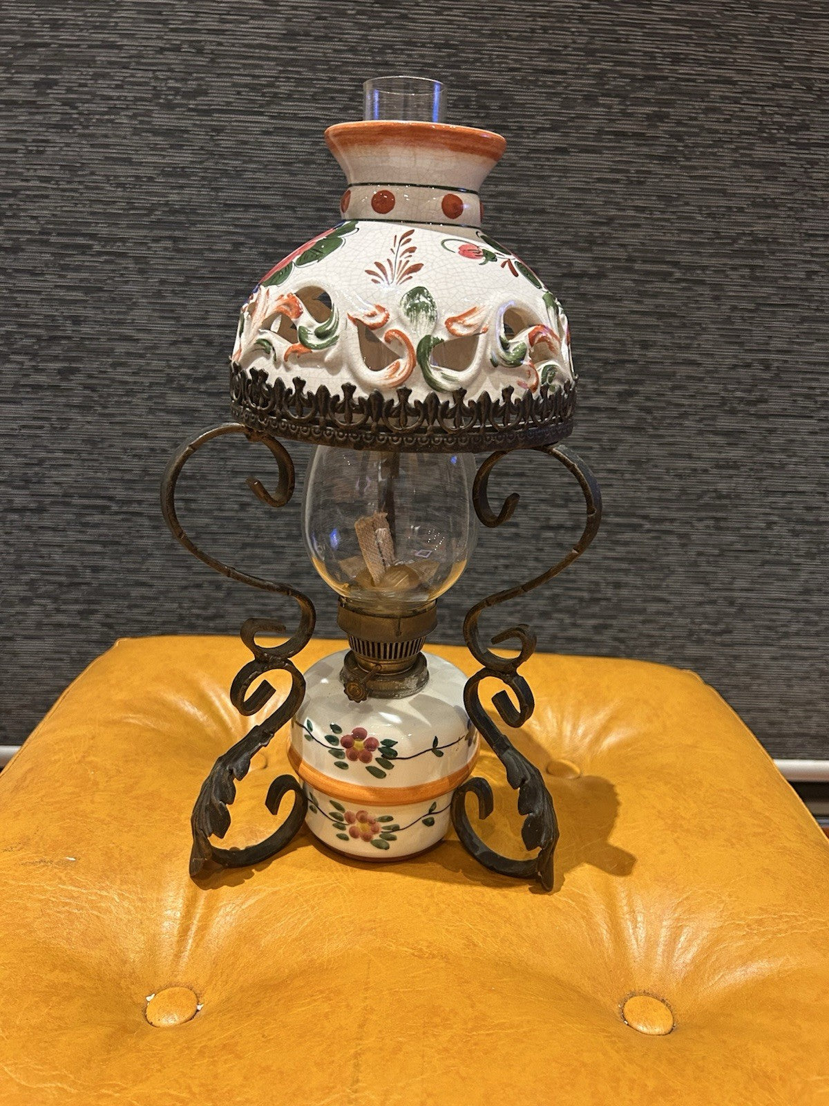 Vintage Italian Style Ceramic & Wrought Iron Oil Lamp – Tuscan Revival 1970s