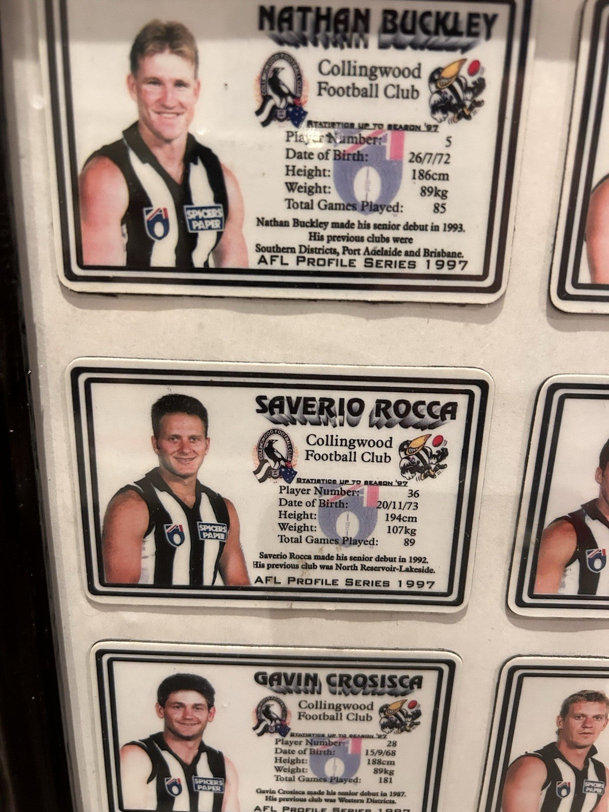 Collingwood AFL Profile Magnets 1997 Framed Set Buckley Rocca Monkhorst