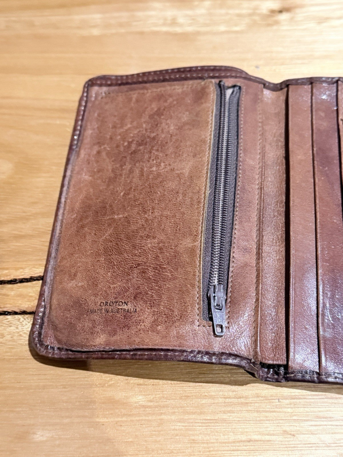 Oroton Leather Wallet Made In Australia Brown Vintage Bifold Coin Zip