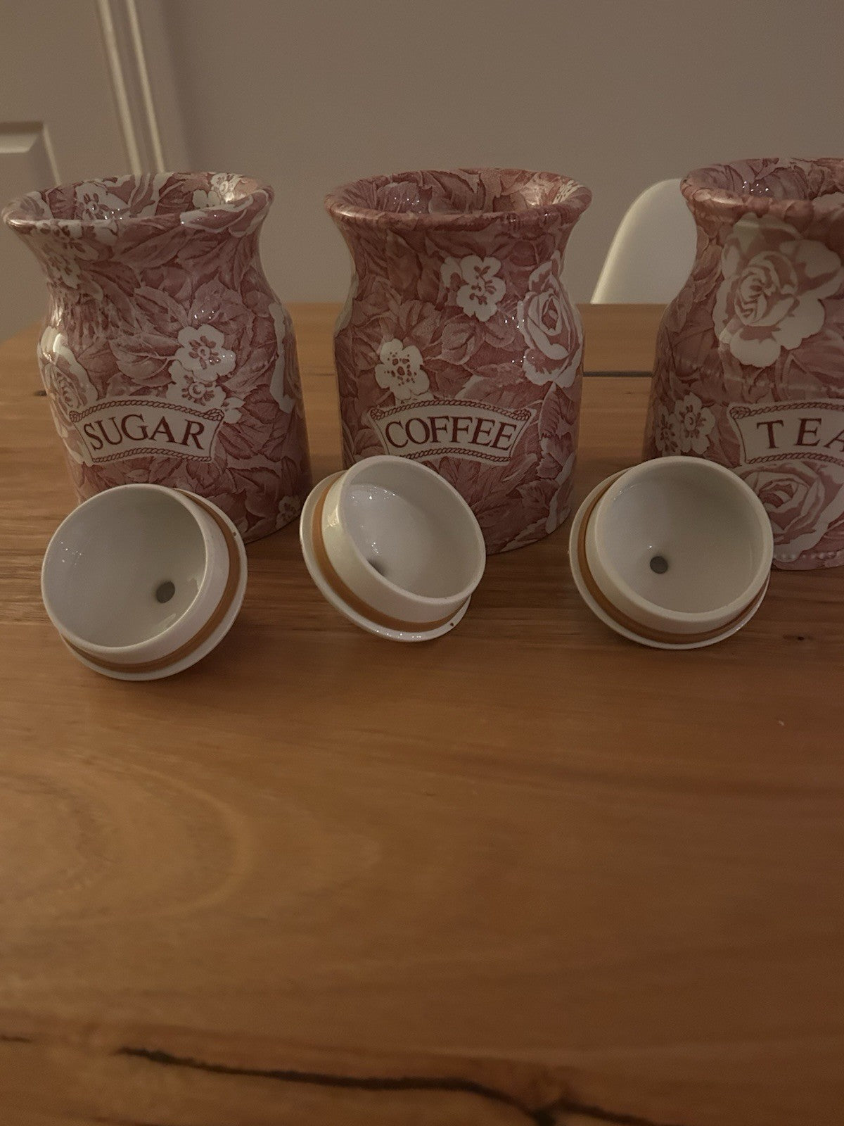 Vintage Burleigh Victoria China Tea Coffee Sugar Canisters Red Floral Set