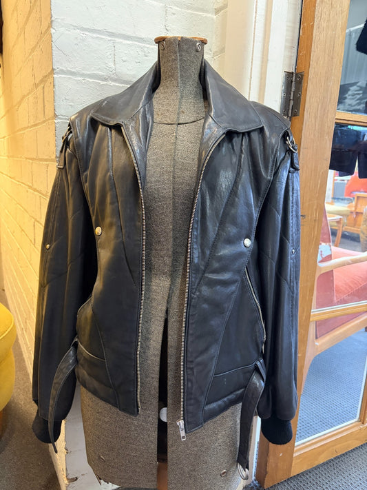 Vintage Black Leather Biker Jacket Belted YKK Zip Quilted 80s 90s