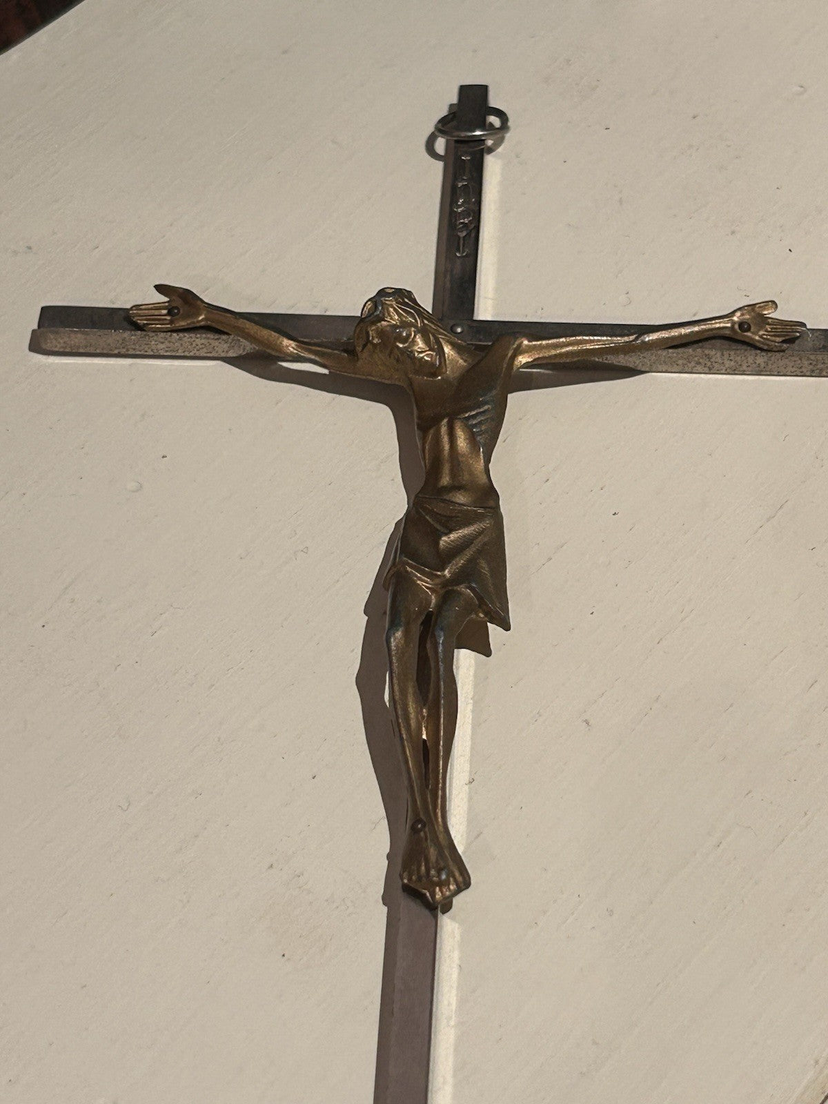 Vintage Italian Metal Crucifix INRI 25cm Wall Cross Brass Jesus c1950s