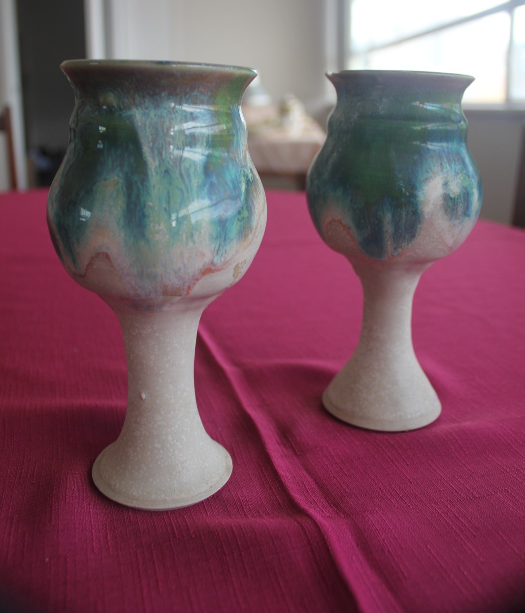 Vintage Studio Pottery Goblets Pair Blue Green Drip Glaze Hand Thrown