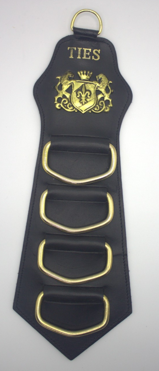 Vintage Leather Tie Holder 4-Ring Brass Wardrobe Organiser Gentleman’s Valet