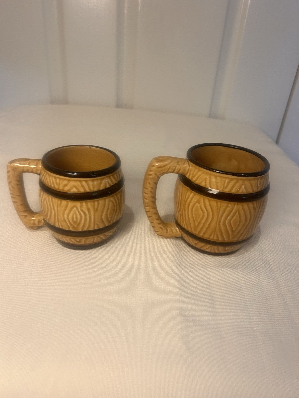Vintage BARREL Mugs Pair – Japan Woodgrain Beer/Coffee Cups – 8cm & 9cm