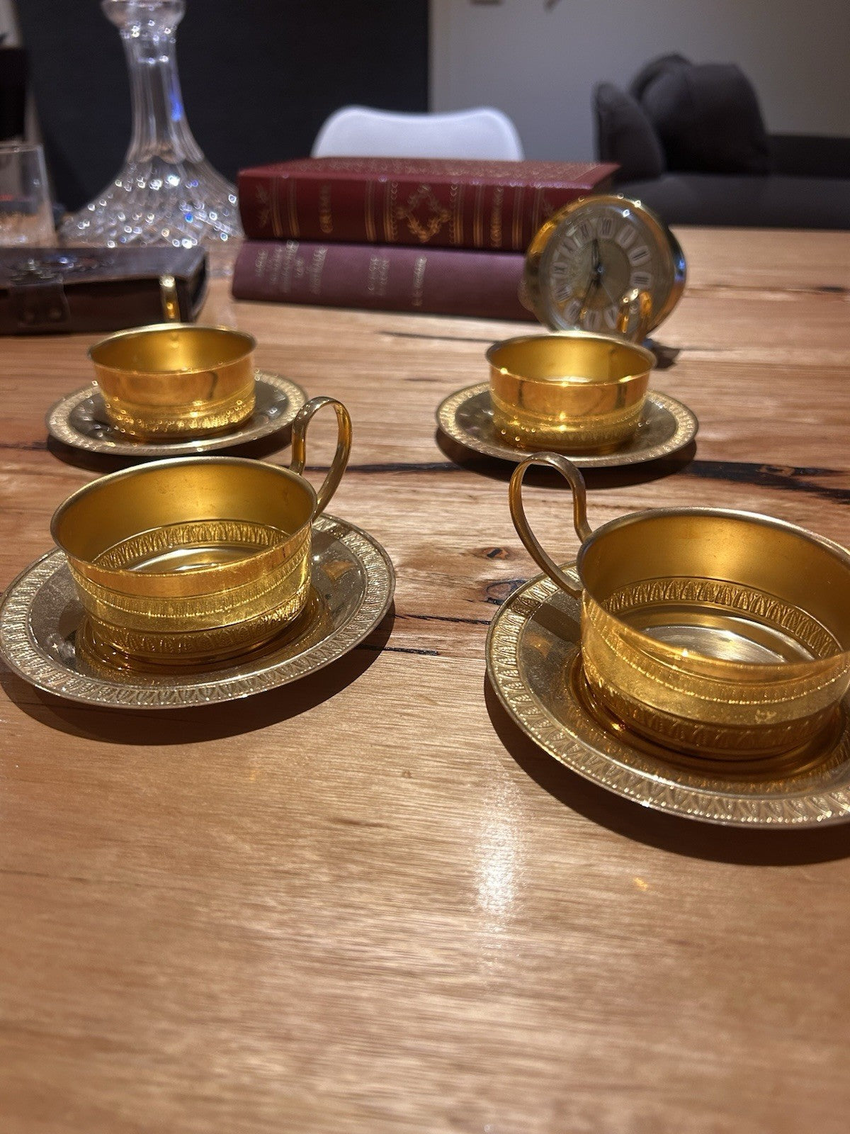 Vintage Gold Tone Aluminium Espresso Cups & Saucers Set 4 Retro Coffee