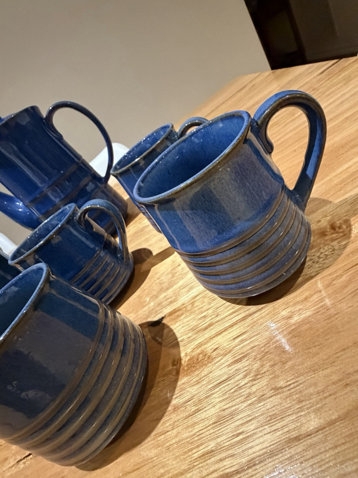 Mid Century Japanese Blue Pottery Coffee Set Teapot Mugs Creamer 1960s 7pc