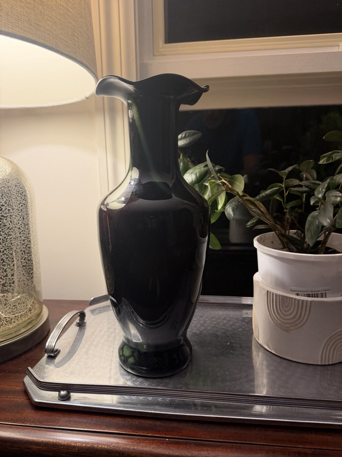 Large Black Green Aventurine Art Glass Vase Ruffled Rim 35cm Murano Style