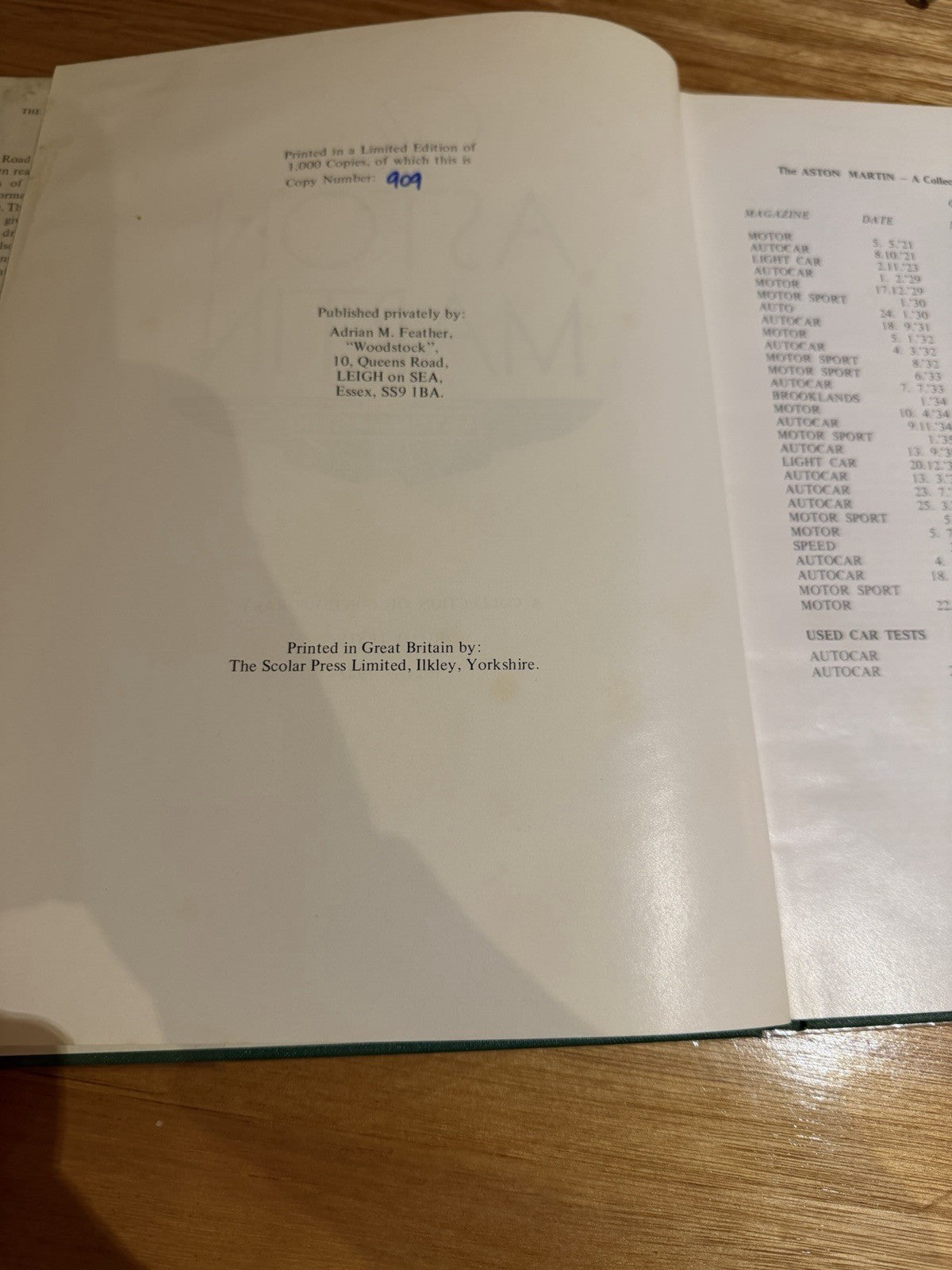 Aston Martin Contemporary Road Tests 1921-1942 Ltd Ed #909/1000 HC AMF Book