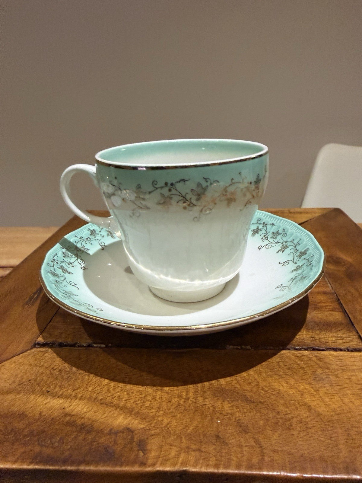Vintage Dainty Miss English Teacup & Saucer Set x3 Aqua Gold Floral