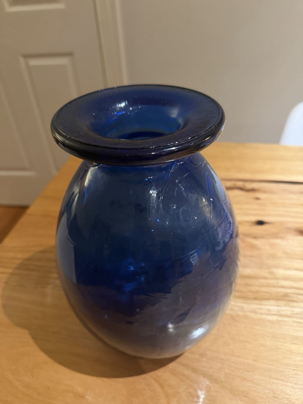 Vintage Cobalt Blue Hand Blown Art Glass Vase Heavy 2.54kg 25cm Rolled Rim