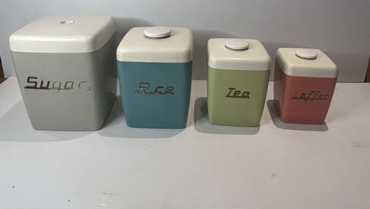 Vintage Nally Kitchen Canisters Set of 4 – Sugar Rice Tea Coffee Retro 1950s