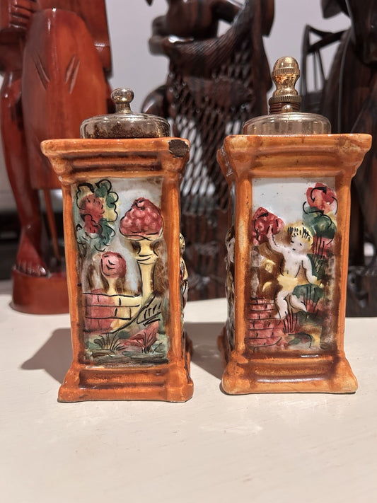 Vintage Capodimonte Italy Ceramic Salt Pepper Mills Hand Painted Pair
