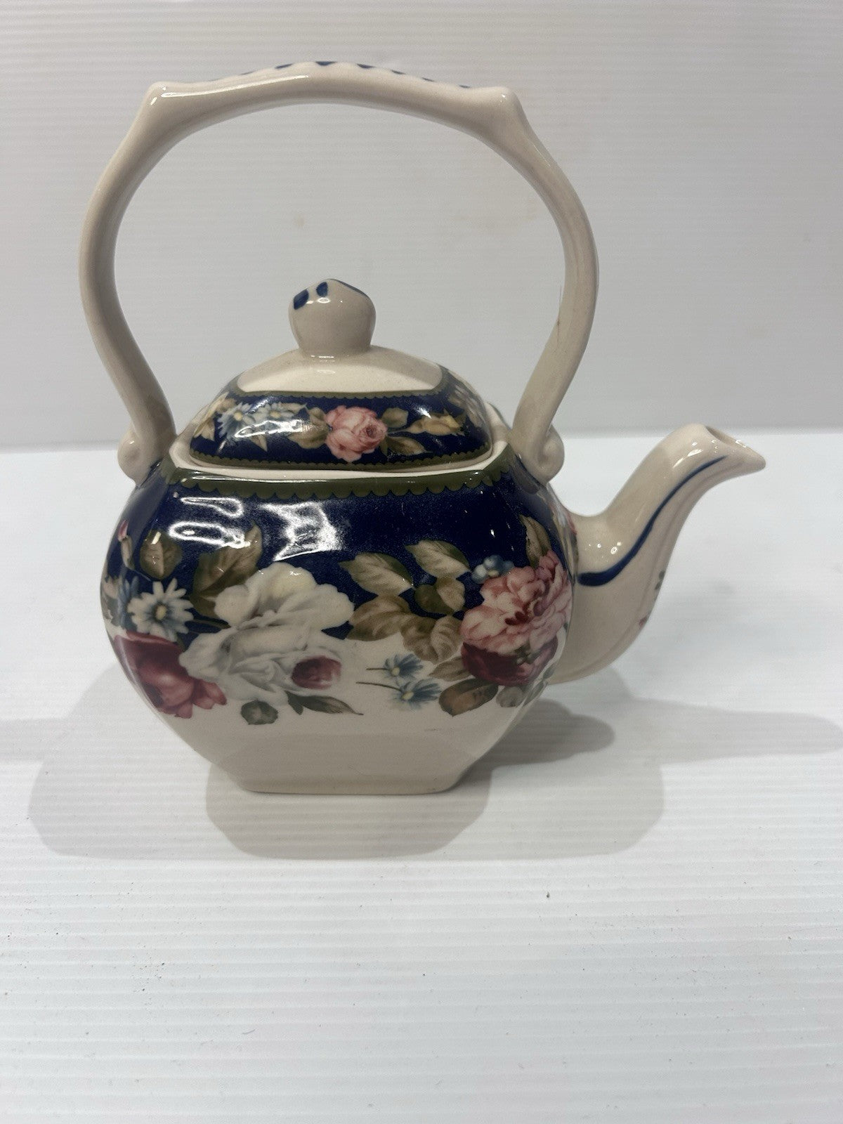 Ascot Fine China Teapot Floral Blue Rose Square Handle Vintage England
