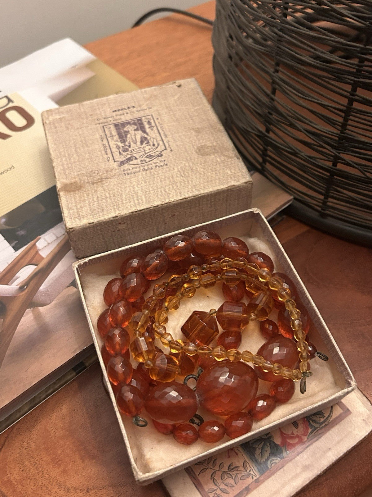 Vintage Amber Glass Necklace Set x3 w Merle’s Melbourne Jewellery Box c1950