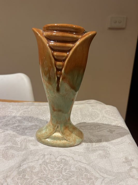 Diana Pottery Australia Vase Green & Brown Drip Glaze Mid-Century 21cm