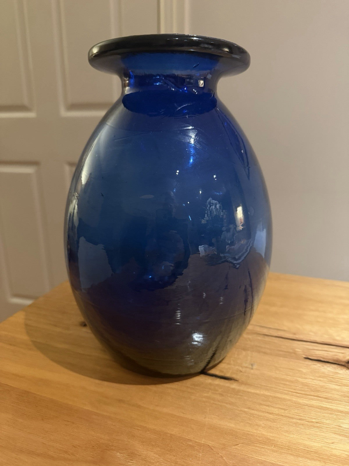 Vintage Cobalt Blue Hand Blown Art Glass Vase Heavy 2.54kg 25cm Rolled Rim