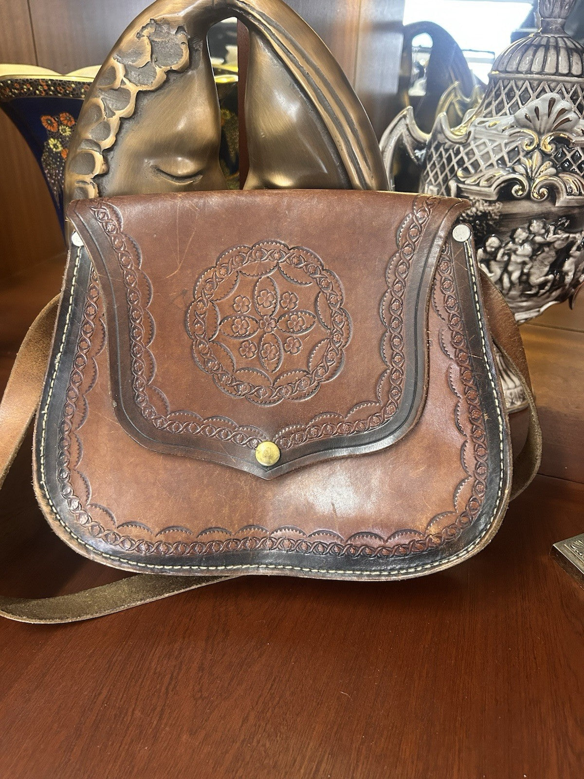 Vintage Tooled Leather Saddle Bag Crossbody Satchel Boho Western Brown